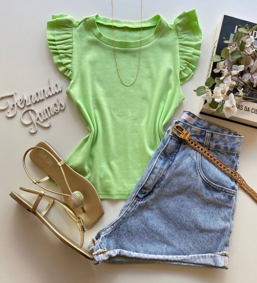 Blusa Feminina Canelada Malwee Verde com Babado na Manga - Fernanda Ramos Store