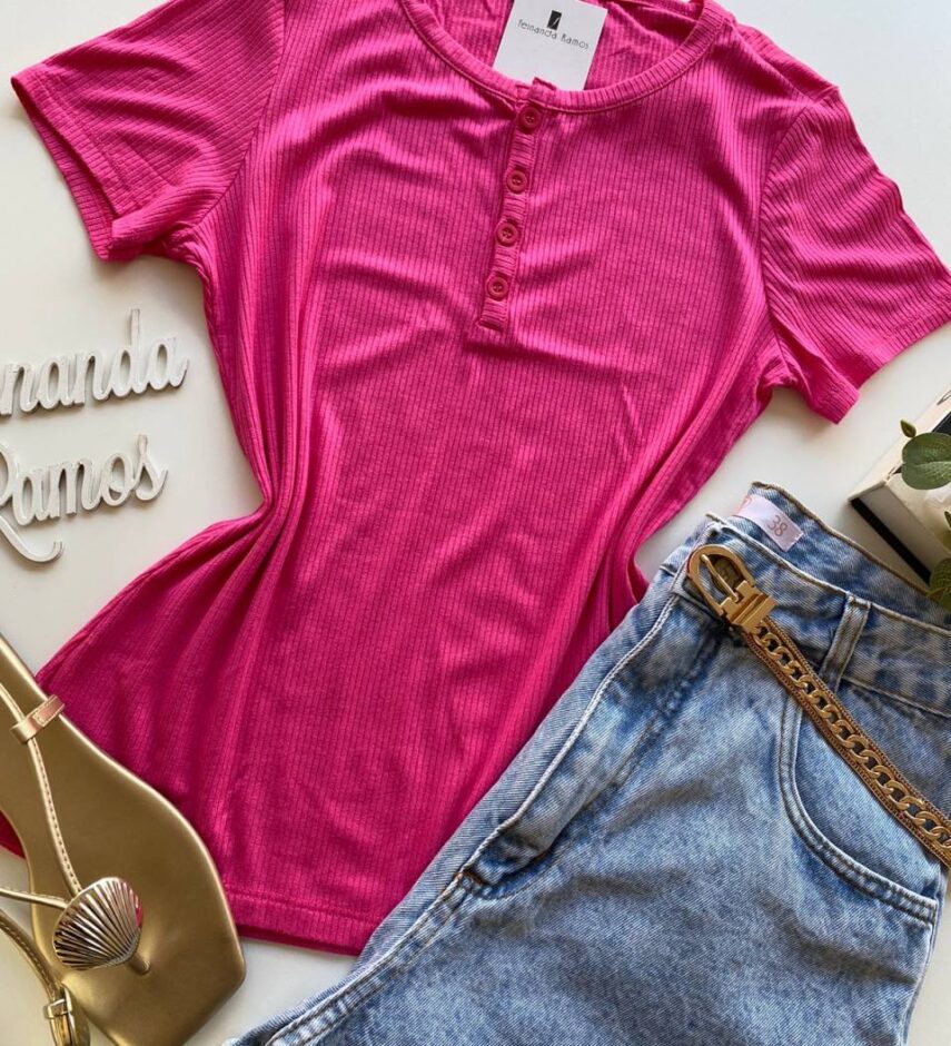 Blusa Feminina Canelada Manga Curta Malwee Pink com Botões - Fernanda Ramos Store