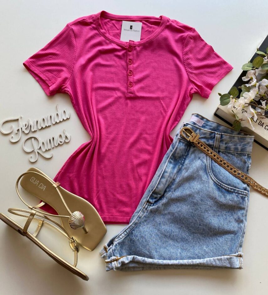 Blusa Feminina Canelada Manga Curta Malwee Pink com Botões - Fernanda Ramos Store