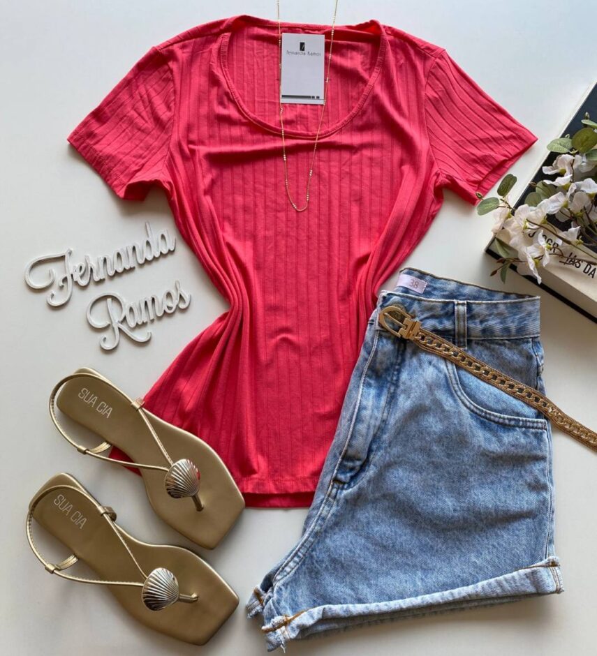 Blusa Manga Curta Feminina Canelada Malwee Rosa - Fernanda Ramos Store