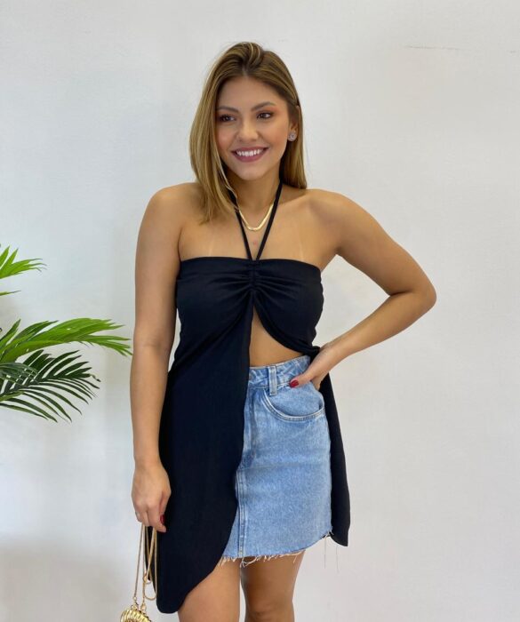 Blusa Túnica Alongada Fernanda com Abertura Frontal Preta - Fernanda Ramos Store