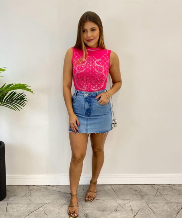 Body Feminino com Bojo e Aplicações Pink - Fernanda Ramos Store