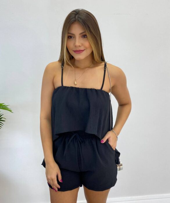 Conjunto Feminino Duna Cropped e Short com Bolsos Preto - Fernanda Ramos Store