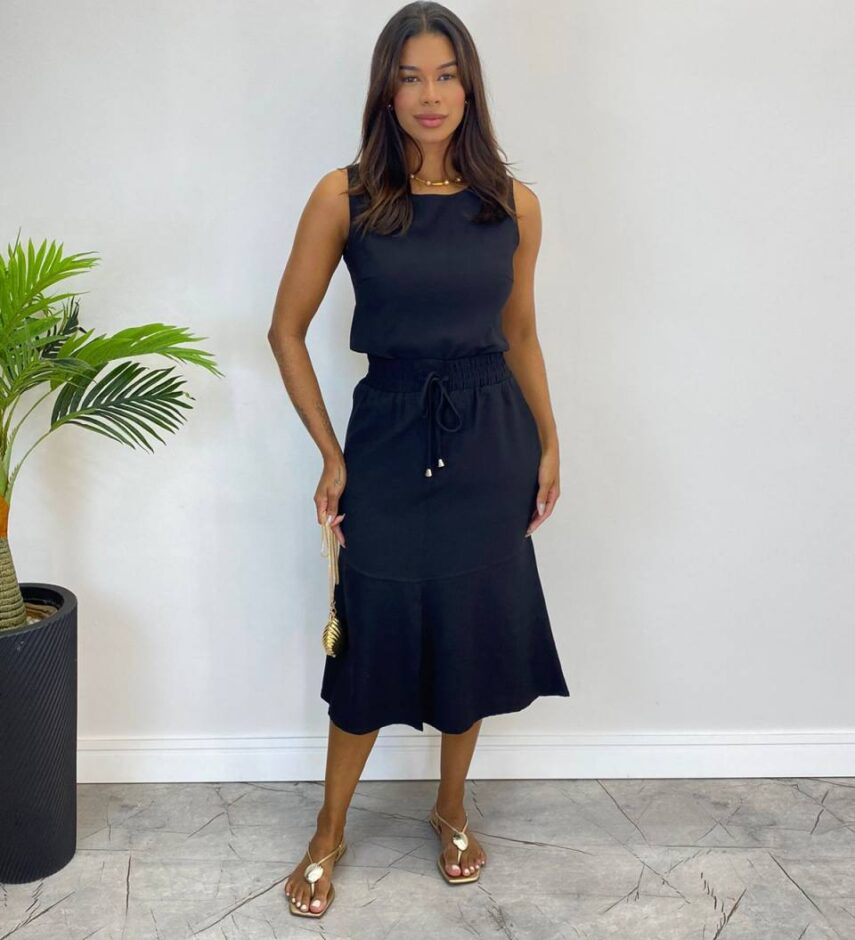 Conjunto Feminino Liz Regata e Saia Midi Preto com Amarração - Fernanda Ramos Store