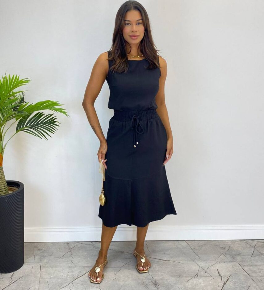 Conjunto Feminino Liz Regata e Saia Midi Preto com Amarração - Fernanda Ramos Store