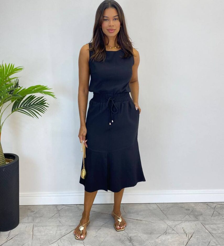 Conjunto Feminino Liz Regata e Saia Midi Preto com Amarração - Fernanda Ramos Store