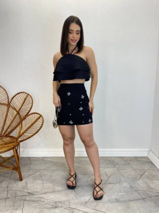 Conjunto Feminino Preto Cropped sem Bojo e Saia com Detalhe em Flor - Fernanda Ramos Store