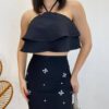 Conjunto Feminino Preto Cropped sem Bojo e Saia com Detalhe em Flor - Fernanda Ramos Store