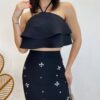 Conjunto Feminino Preto Cropped sem Bojo e Saia com Detalhe em Flor - Fernanda Ramos Store