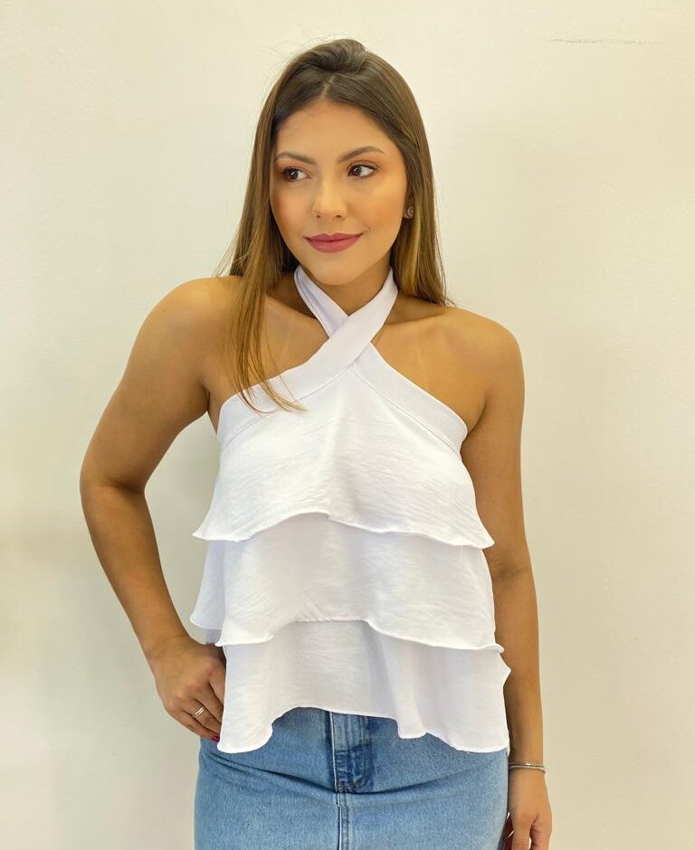 Cropped Bata Feminino Liz sem Bojo com Babados Branco - Fernanda Ramos Store