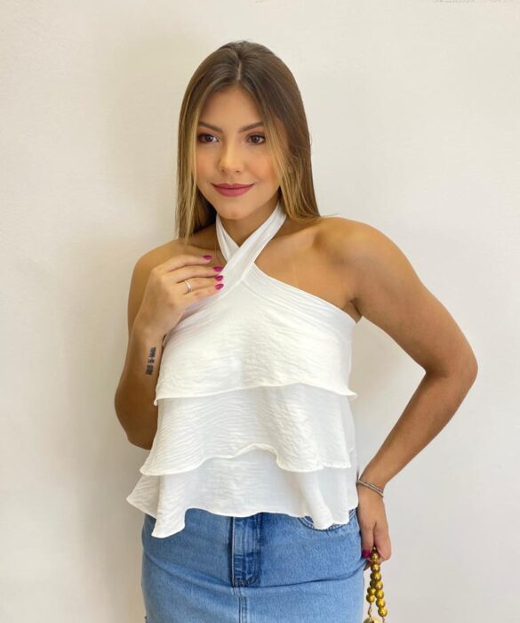 Cropped Bata Feminino Liz sem Bojo com Babados Off White - Fernanda Ramos Store