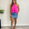 Cropped Bata Feminino Liz sem Bojo com Babados Pink Flúor - Fernanda Ramos Store