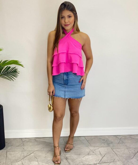 Cropped Bata Feminino Liz sem Bojo com Babados Pink Flúor - Fernanda Ramos Store