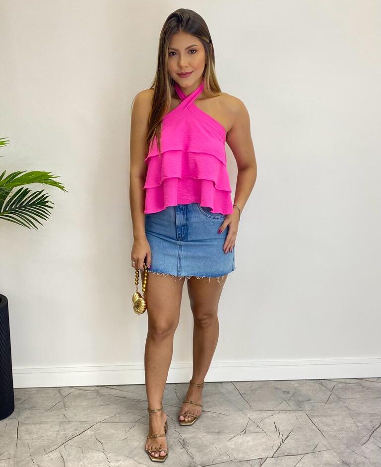 Cropped Bata Feminino Liz sem Bojo com Babados Pink Flúor - Fernanda Ramos Store