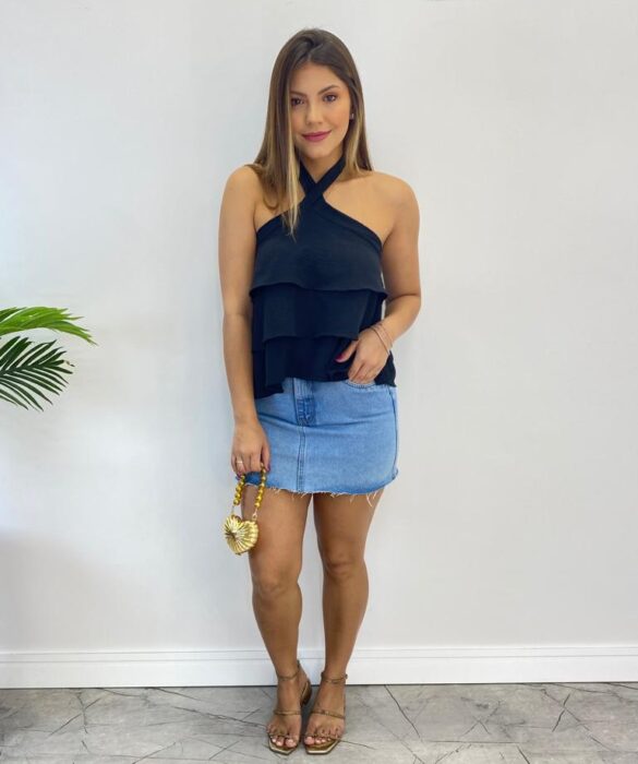 Cropped Bata Feminino Liz sem Bojo com Babados Preto - Fernanda Ramos Store