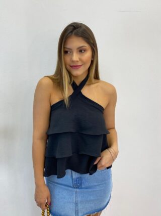 Cropped Bata Feminino Liz sem Bojo com Babados Preto - Fernanda Ramos Store