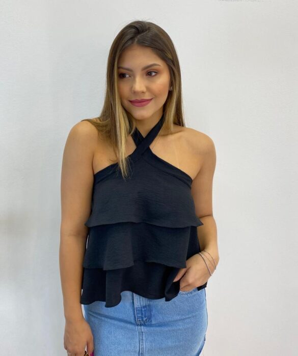 Cropped Bata Feminino Liz sem Bojo com Babados Preto - Fernanda Ramos Store