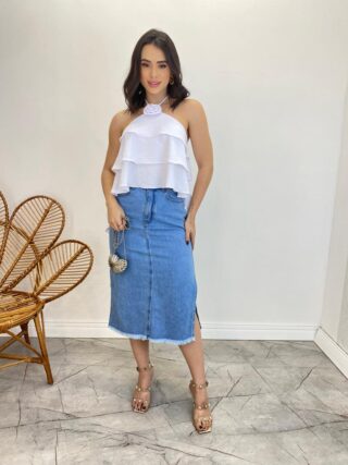 Cropped Bata Feminino sem Bojo com Babados e Brilho Branco - Fernanda Ramos Store