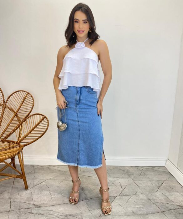 Cropped Bata Feminino sem Bojo com Babados e Brilho Branco - Fernanda Ramos Store