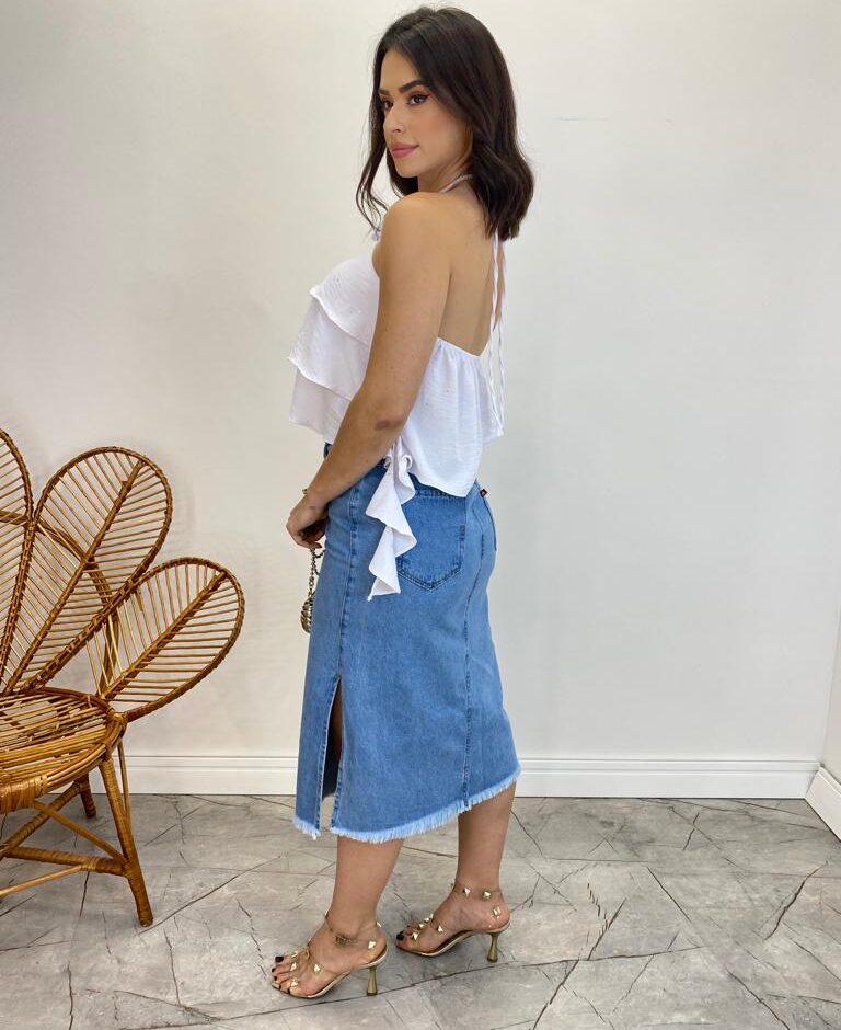 Cropped Bata Feminino sem Bojo com Babados e Brilho Branco - Fernanda Ramos Store