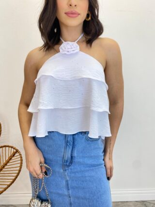 Cropped Bata Feminino sem Bojo com Babados e Brilho Branco - Fernanda Ramos Store