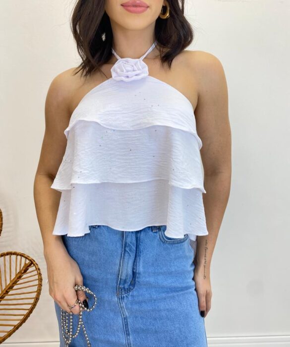 Cropped Bata Feminino sem Bojo com Babados e Brilho Branco - Fernanda Ramos Store