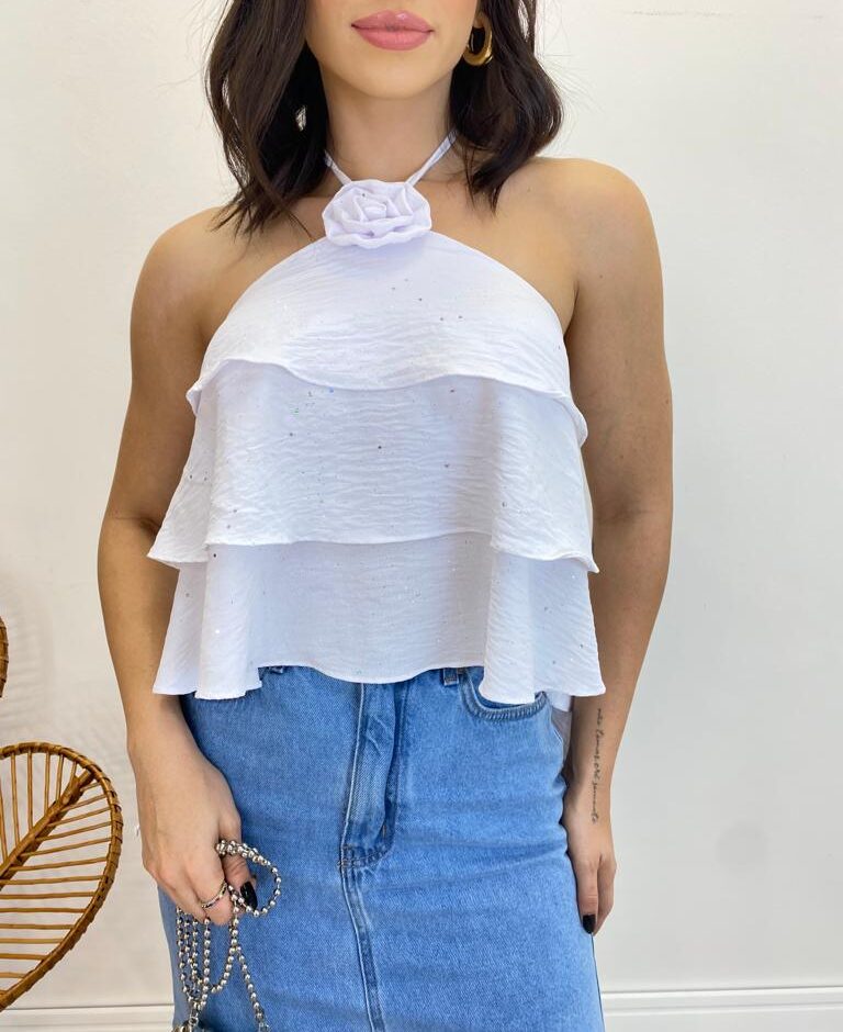 Cropped Bata Feminino sem Bojo com Babados e Brilho Branco - Fernanda Ramos Store