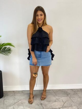 Cropped Bata Feminino sem Bojo com Babados e Brilho Preto - Fernanda Ramos Store