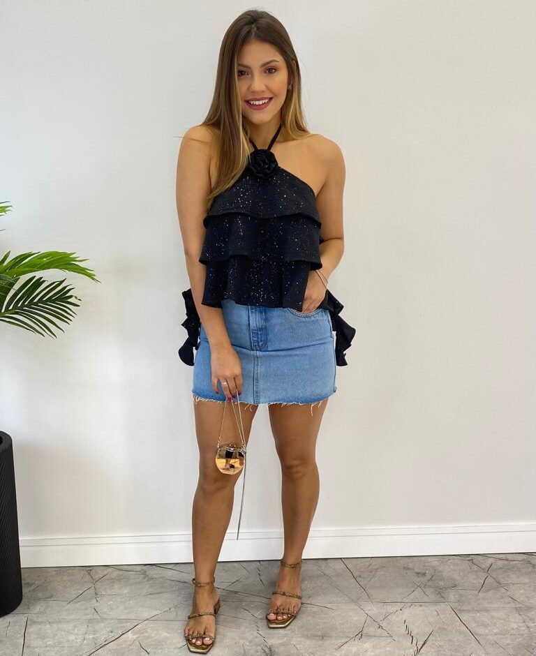 Cropped Bata Feminino sem Bojo com Babados e Brilho Preto - Fernanda Ramos Store