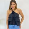 Cropped Bata Feminino sem Bojo com Babados e Brilho Preto - Fernanda Ramos Store