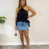 Cropped Bata Feminino sem Bojo com Babados e Brilho Preto - Fernanda Ramos Store