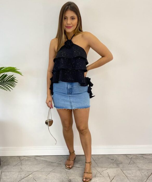 Cropped Bata Feminino sem Bojo com Babados e Brilho Preto - Fernanda Ramos Store