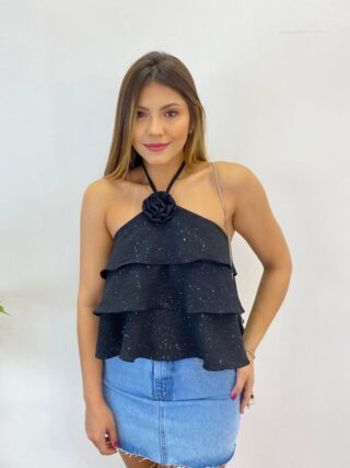 Cropped Bata Feminino sem Bojo com Babados e Brilho Preto - Fernanda Ramos Store