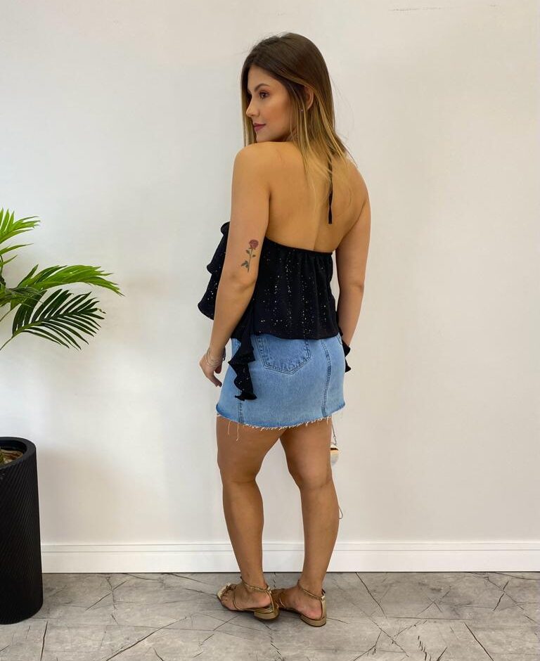 Cropped Bata Feminino sem Bojo com Babados e Brilho Preto - Fernanda Ramos Store