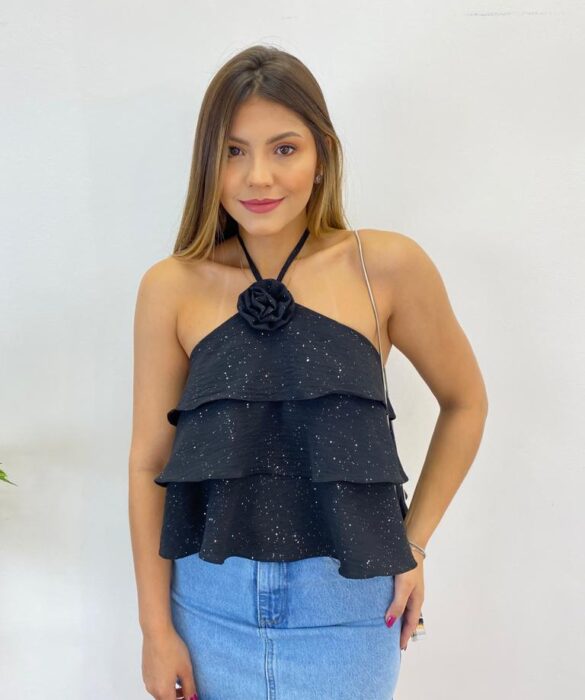 Cropped Bata Feminino sem Bojo com Babados e Brilho Preto - Fernanda Ramos Store