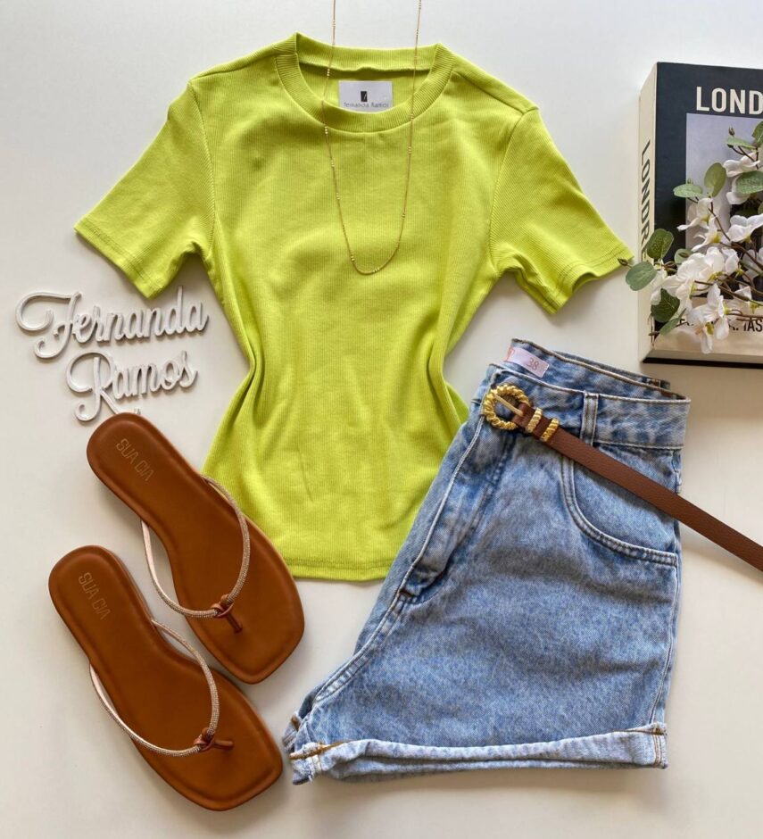 Cropped Feminino Canelado Manga Curta sem Bojo Malwee Verde Lima - Fernanda Ramos Store