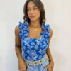 Cropped Feminino com Bojo Babado nas Alças Azul Estampado - Fernanda Ramos Store