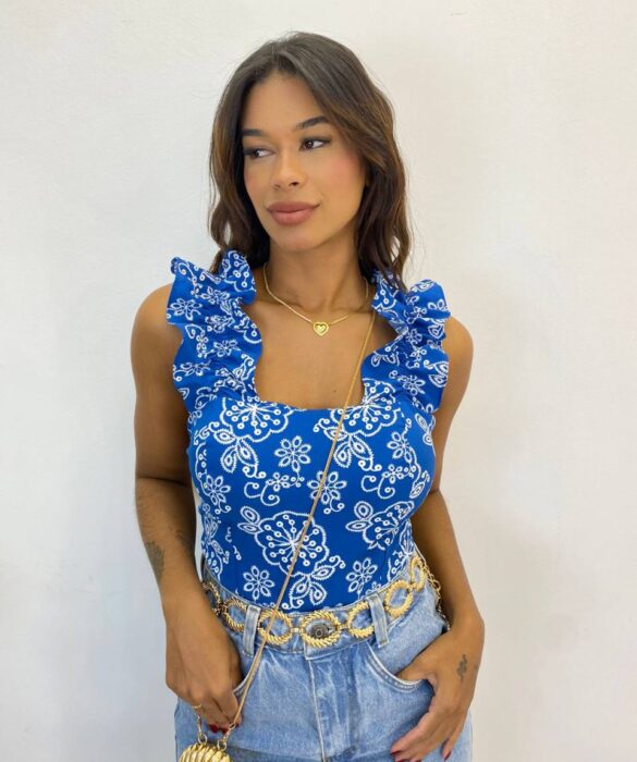 Cropped Feminino com Bojo Babado nas Alças Azul Estampado - Fernanda Ramos Store