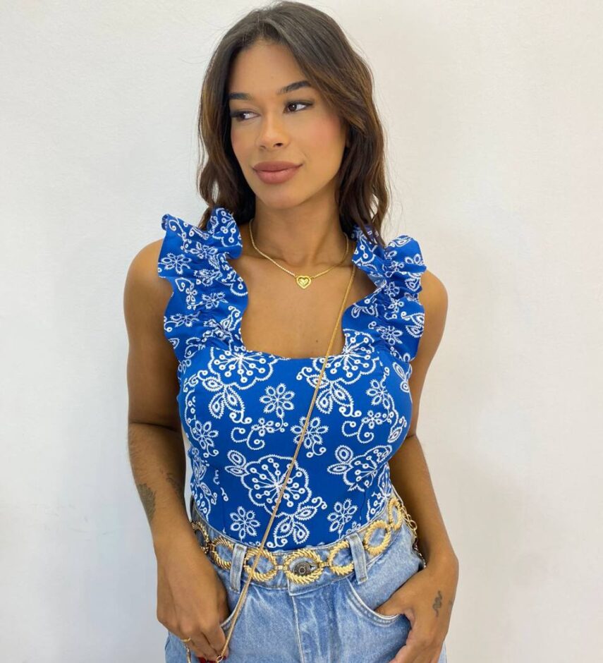 Cropped Feminino com Bojo Babado nas Alças Azul Estampado - Fernanda Ramos Store