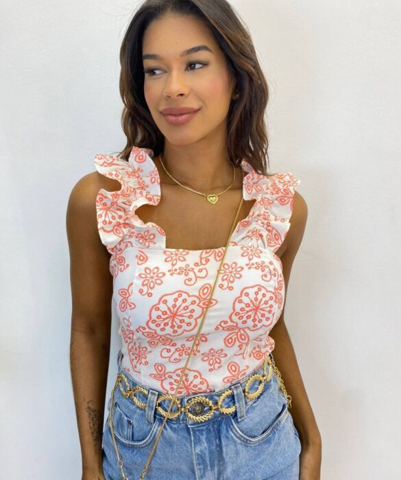 Cropped Feminino com Bojo Babado nas Alças Estampado de Vermelho - Fernanda Ramos Store