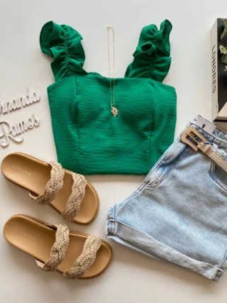 Cropped Feminino com Bojo e Lastex Babado nas Alças Verde - Fernanda Ramos Store