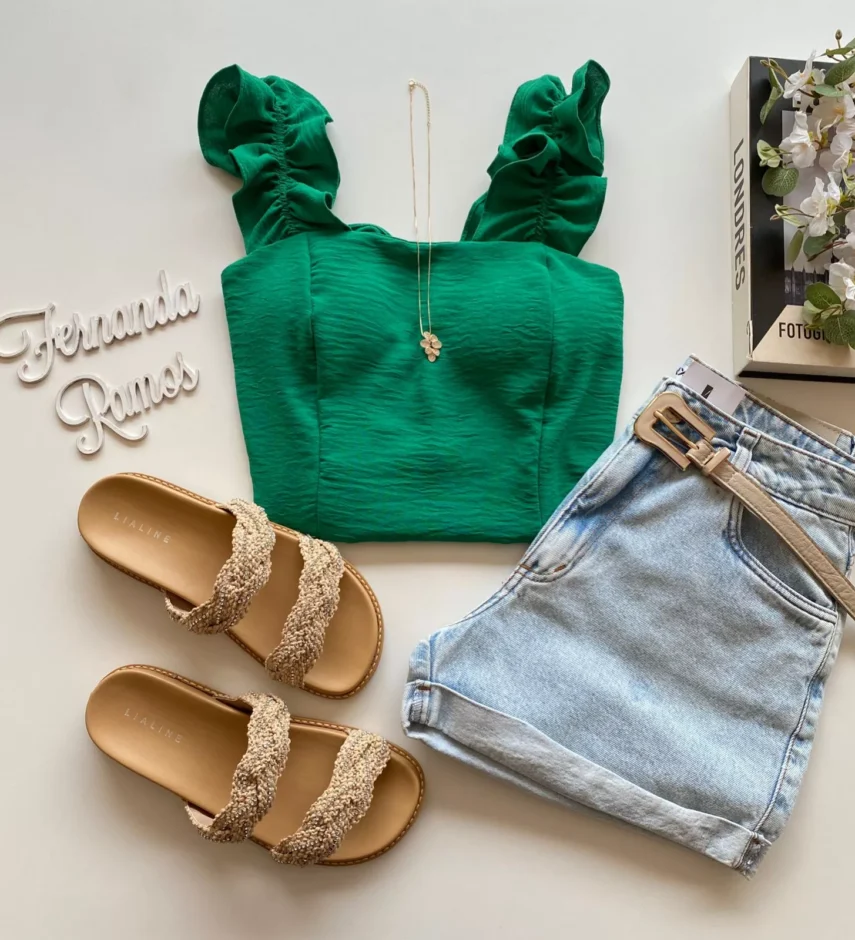Cropped Feminino com Bojo e Lastex Babado nas Alças Verde - Fernanda Ramos Store