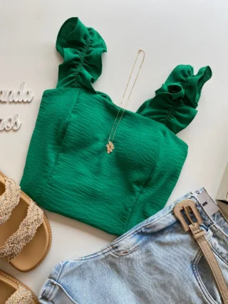 Cropped Feminino com Bojo e Lastex Babado nas Alças Verde - Fernanda Ramos Store