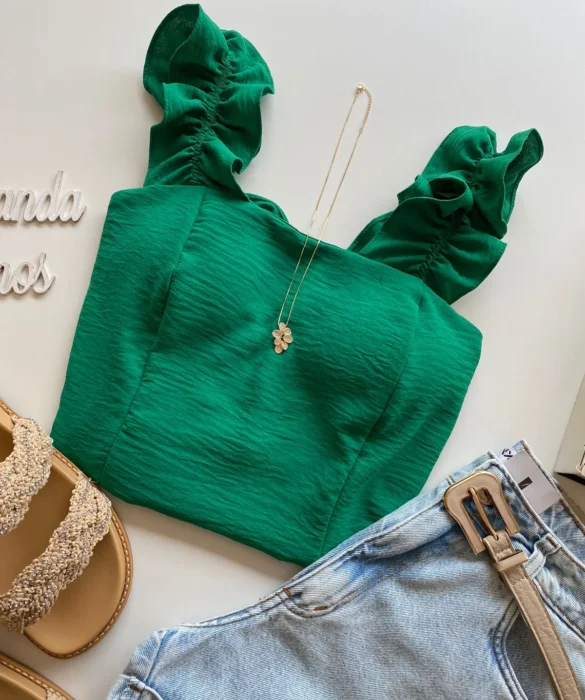 Cropped Feminino com Bojo e Lastex Babado nas Alças Verde - Fernanda Ramos Store