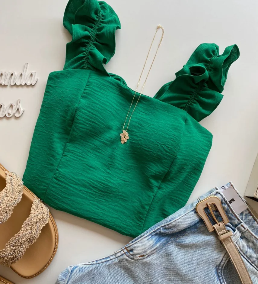 Cropped Feminino com Bojo e Lastex Babado nas Alças Verde - Fernanda Ramos Store