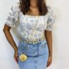 Cropped Feminino com Bojo Manga Bufante Estampado em Azul - Fernanda Ramos Store