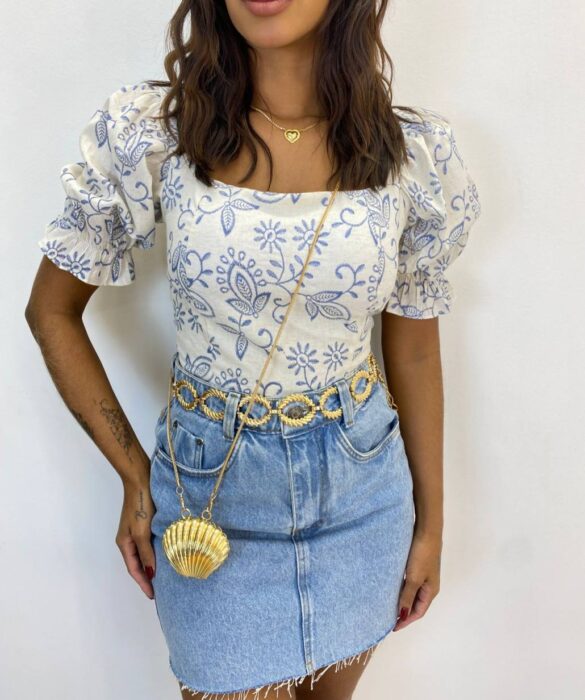 Cropped Feminino com Bojo Manga Bufante Estampado em Azul - Fernanda Ramos Store