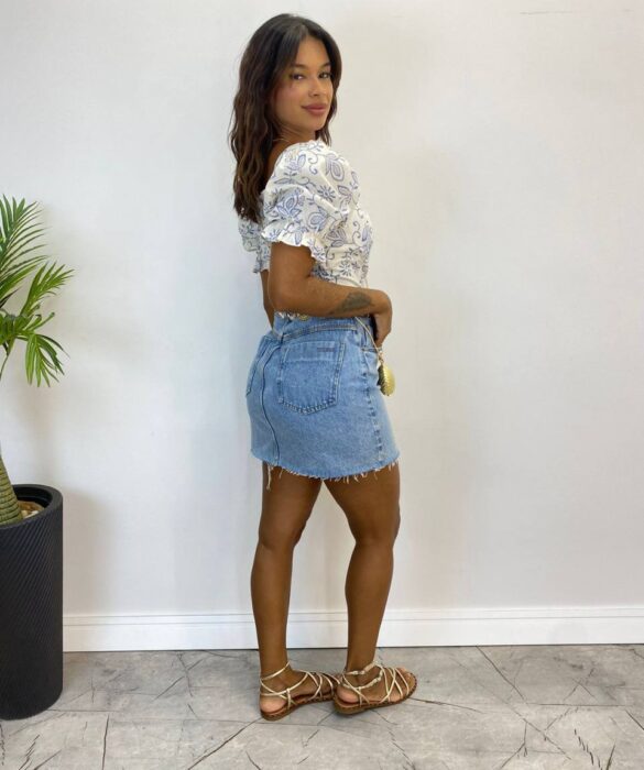 Cropped Feminino com Bojo Manga Bufante Estampado em Azul - Fernanda Ramos Store