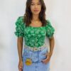 Cropped Feminino com Bojo Manga Bufante Estampado Verde - Fernanda Ramos Store