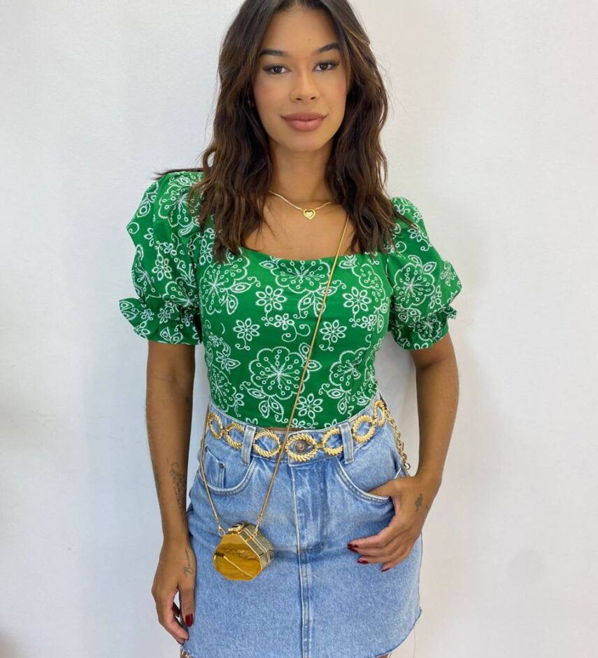 Cropped Feminino com Bojo Manga Bufante Estampado Verde - Fernanda Ramos Store